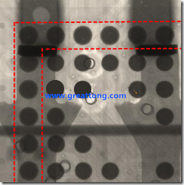 BGA錫球尺寸小于0.4mm，采用降低BGA內(nèi)圍襲球的錫膏量所得到X-Ray，稍微留意一下可以發(fā)現(xiàn)最外圈的錫量(圓的直徑)比其他內(nèi)圍的錫球上的錫量來得多一點(diǎn)點(diǎn)。也就是外圈的黑色圓形直徑比內(nèi)圈的圓形來得大一點(diǎn)點(diǎn)。