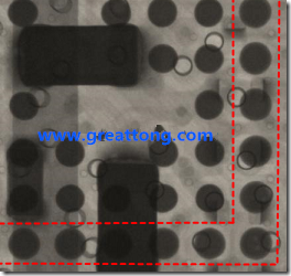 BGA錫球尺寸小于0.4mm，采用降低BGA內(nèi)圍襲球的錫膏量所得到X-Ray，稍微留意一下可以發(fā)現(xiàn)最外圈的錫量(圓的直徑)比其他內(nèi)圍的錫球上的錫量來得多一點(diǎn)點(diǎn)。也就是外圈的黑色圓形直徑比內(nèi)圈的圓形來得大一點(diǎn)點(diǎn)。