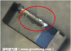 使用錫(Sn)鍍層的電源電感器(Power Inductors)，經(jīng)過推力測試后，其焊點還保留在零件的端點上，所以推力比較高。