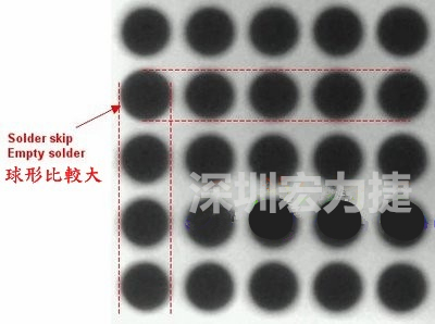 現(xiàn)在我畫幾條直線你再看看是否有發(fā)現(xiàn)那一顆BGA的錫球比較大，有空焊的可能？