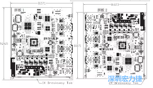 如圖7所示是使用不同數(shù)量邊條的拼板，拼板1僅使用了一個(gè)邊條，直接利用PCB另一邊作為SMT工藝傳送邊，并且PCB圖形中有合適的安裝孔；而拼板2則是按常規(guī)設(shè)計(jì)了兩個(gè)邊條。拼板方式為連接筋。圖中“Breakaway Tab”指邊條-深圳宏力捷