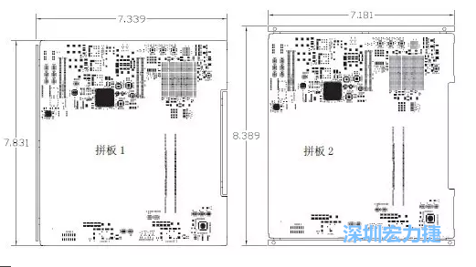 如圖11所示在兩種拼板中PCB單元的邊條位置不同，拼板1中邊條在長(zhǎng)邊方向，而拼板2中邊條在短邊方向-深圳宏力捷