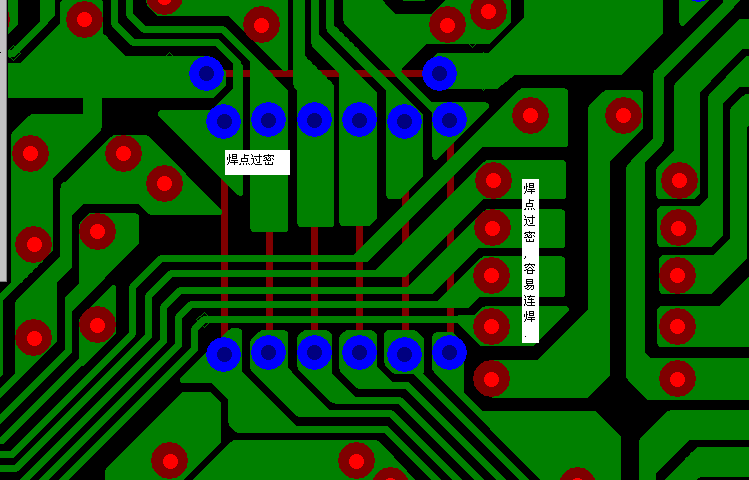 PCB設(shè)計(jì)焊點(diǎn)過(guò)密，易造成波峰連焊，焊點(diǎn)間漏電