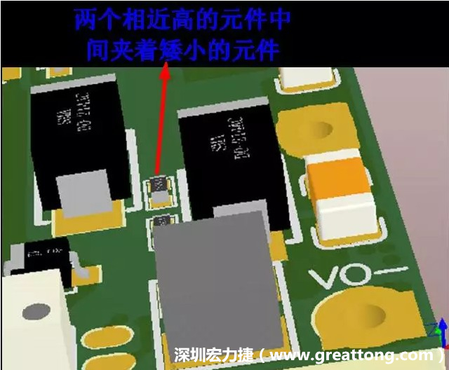 放置器件時要考慮以后的焊接和維修，兩個高度高的元件之間盡量避免放置矮小的元件