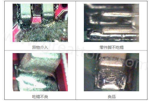 300X顯微鏡主要檢測這些PCBA加工問題：異物介入、零件腳不吃錫、 吃錫不良。