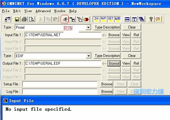 輸出文件類型(Type)選 EDIF。Output File 1 指定輸出文件的文件名和路徑。然后點擊 Run(跑動的小人)。