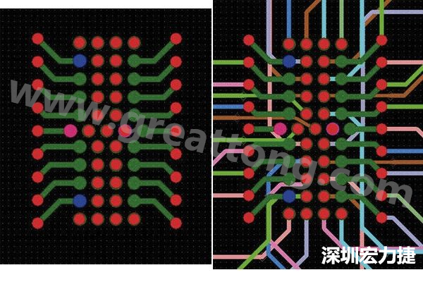 圖7：焊盤內(nèi)過孔用于內(nèi)部，而外部接腳在0.5mm閘格上扇出。圖7a顯示的是頂層(左)；圖7b顯示頂層和內(nèi)部布線層(右)。