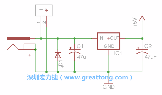 2.5.    新增一個(gè)二極體，它會(huì)以水平的狀態(tài)出現(xiàn)在屏幕上，請(qǐng)使用「旋轉(zhuǎn)（Rotate）」工具把它負(fù)極那一面朝上，并且用「網(wǎng)絡(luò)連接」工具將它連接在電壓調(diào)整器的輸入端和接地端之間。
