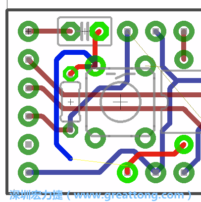 要在電路板正面進行+5V信號線連結(jié)和其他連結(jié)點的布線工作是非常容易的，而重置信號線（信號線用來連結(jié)電路板正面左邊的重置開關(guān)）需要經(jīng)過一個可以通過電路板正反兩面的電路通道，這個通道是一個可以讓電路板正反兩面線路連接的一個小孔。