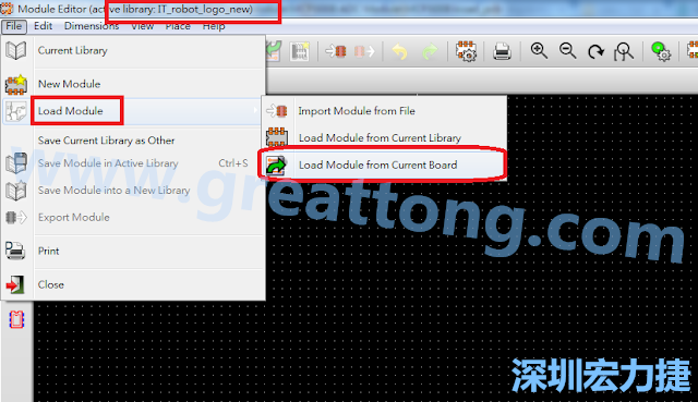 進入Module Editor去載入其他Footprint(Module)進來， 從目前的Active library (不過要先選取一個Current library ) 載入Module 或從目前正在編輯的PCB載入Module。